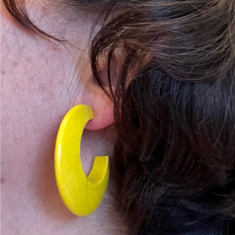Vintage Wooden Yellow Hoop Earrings - Picture 2 of 16
